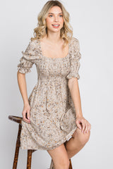 Beige Floral Smocked Square Neck Puff Sleeve Dress