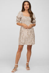 Beige Floral Smocked Square Neck Puff Sleeve Maternity Dress