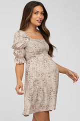 Beige Floral Smocked Square Neck Puff Sleeve Maternity Dress