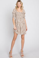 Beige Floral Smocked Square Neck Puff Sleeve Dress