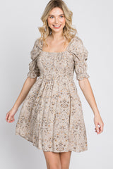 Beige Floral Smocked Square Neck Puff Sleeve Dress