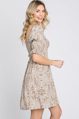 Beige Floral Smocked Square Neck Puff Sleeve Dress