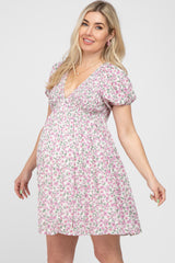 Pink Floral Smocked V-Neck Maternity Dress