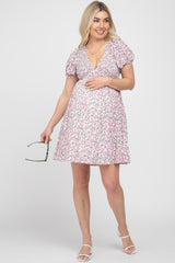 Pink Floral Smocked V-Neck Maternity Dress