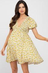 Yellow Floral Smocked V-Neck Maternity Dress