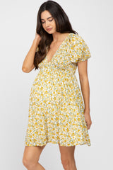 Yellow Floral Smocked V-Neck Maternity Dress