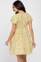 Yellow Floral Smocked V-Neck Maternity Dress