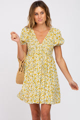 Yellow Floral Smocked V-Neck Dress