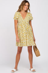 Yellow Floral Smocked V-Neck Dress