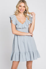 Light Blue Ruffle Back Tie Mini Dress