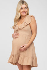 Camel Ruffle Back Tie Maternity Mini Dress