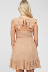 Camel Ruffle Back Tie Maternity Mini Dress