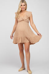 Camel Ruffle Back Tie Maternity Mini Dress