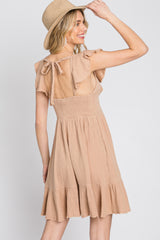 Camel Ruffle Back Tie Mini Dress