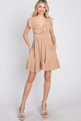 Camel Ruffle Back Tie Maternity Mini Dress