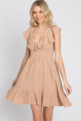 Camel Ruffle Back Tie Mini Dress