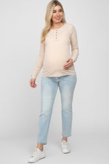 Beige Henley Long Sleeve Maternity Top