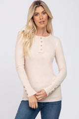 Beige Henley Long Sleeve Maternity Top