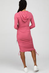 Pink Ruched Drawstring Hooded Dress