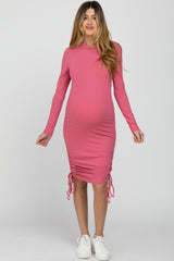 Pink Ruched Drawstring Hooded Maternity Dress