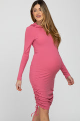 Pink Ruched Drawstring Hooded Maternity Dress