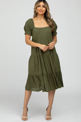 Olive Square Neck Tiered Maternity Midi Dress