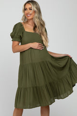 Olive Square Neck Tiered Maternity Midi Dress