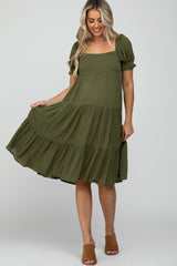 Olive Square Neck Tiered Maternity Midi Dress