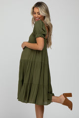 Olive Square Neck Tiered Maternity Midi Dress