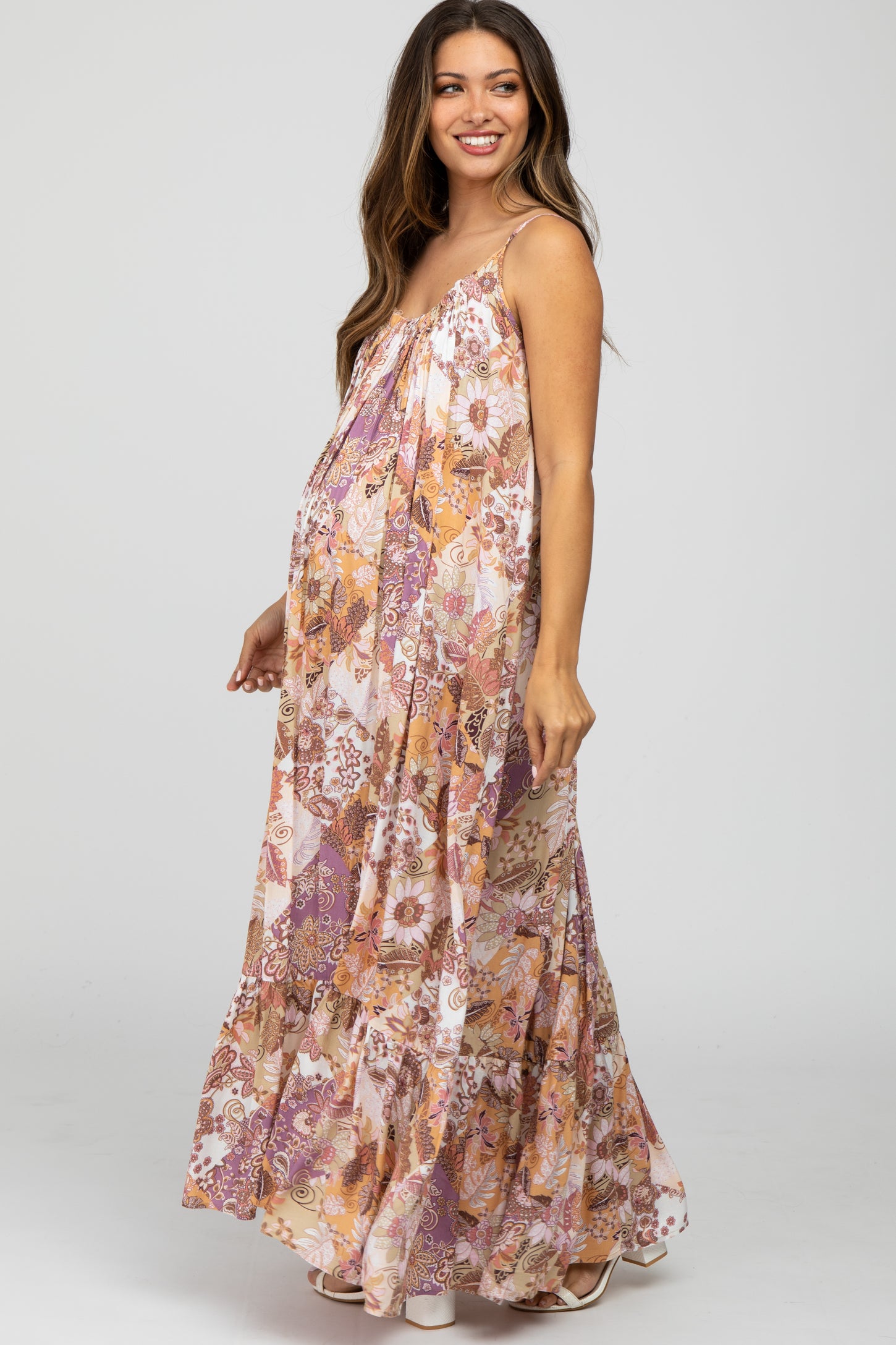 Multi-Color Floral Ruffle Hem Maternity Maxi Dress– PinkBlush