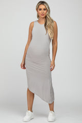 Grey Ruched Side Asymmetrical Maternity Midi Dress