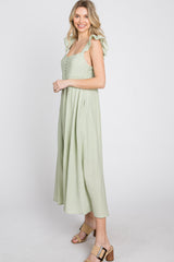 Light Olive Button Front Ruffle Sleeve Midi Dress