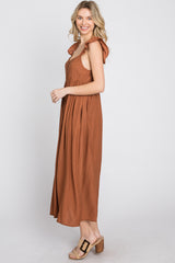 Rust Button Front Ruffle Sleeve Midi Dress