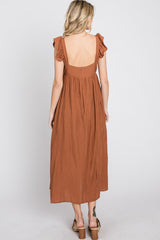 Rust Button Front Ruffle Sleeve Midi Dress