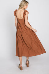 Rust Button Front Ruffle Sleeve Midi Dress