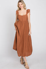 Rust Button Front Ruffle Sleeve Midi Dress