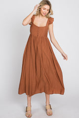 Rust Button Front Ruffle Sleeve Midi Dress