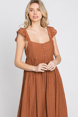 Rust Button Front Ruffle Sleeve Midi Dress