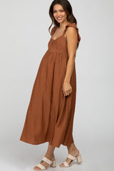 Rust Button Front Ruffle Sleeve Maternity Midi Dress