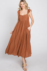 Rust Button Front Ruffle Sleeve Midi Dress