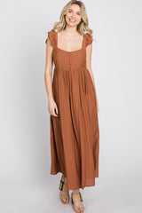 Rust Button Front Ruffle Sleeve Midi Dress