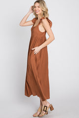 Rust Button Front Ruffle Sleeve Midi Dress