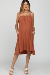 Rust Shoulder Tie Maternity Dress