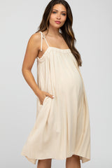 Beige Shoulder Tie Maternity Dress