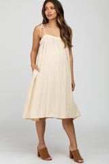 Beige Shoulder Tie Maternity Dress