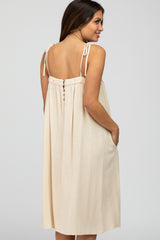 Beige Shoulder Tie Maternity Dress