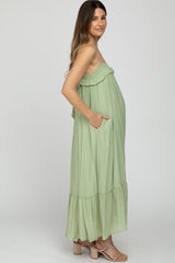 Light Olive Square Neck Back Tie Maternity Midi Dress