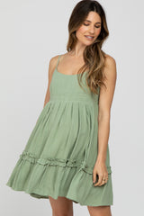 Light Olive Pleated Waist Ruffle Hem Linen Maternity Dress