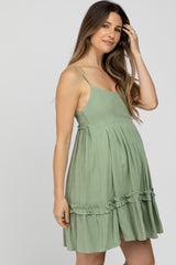 Light Olive Pleated Waist Ruffle Hem Linen Maternity Dress