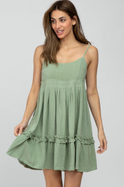 Light Olive Pleated Waist Ruffle Hem Linen Dress